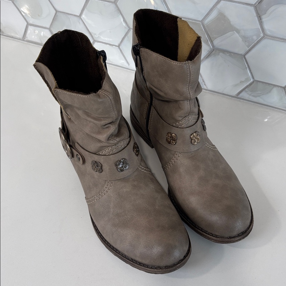 Rieker Peggy 98 Beige Leather Ankle Boots Booties Women's